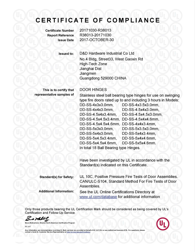 D&D Hardware- ul Certification R38013-18 أحجام في المجموع 
