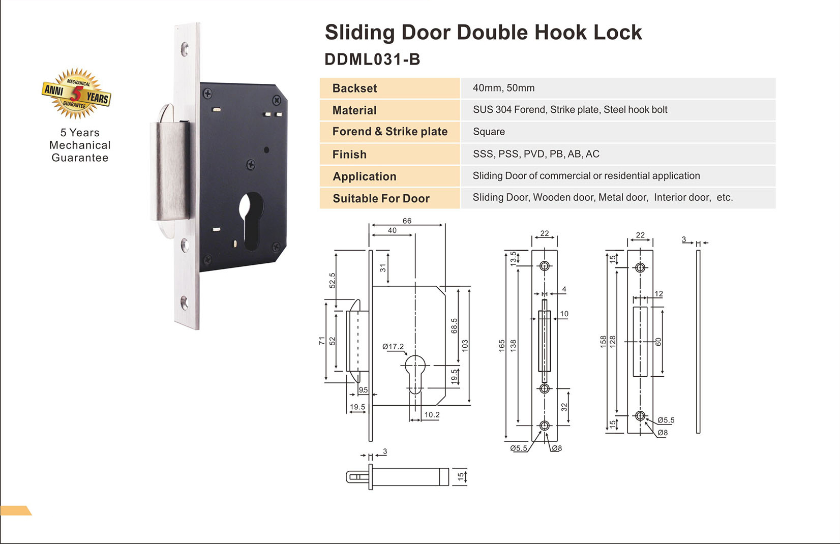SUS304 جديد قفل هوك مزدوج التصميم لانزلاق الباب-DDML031-B