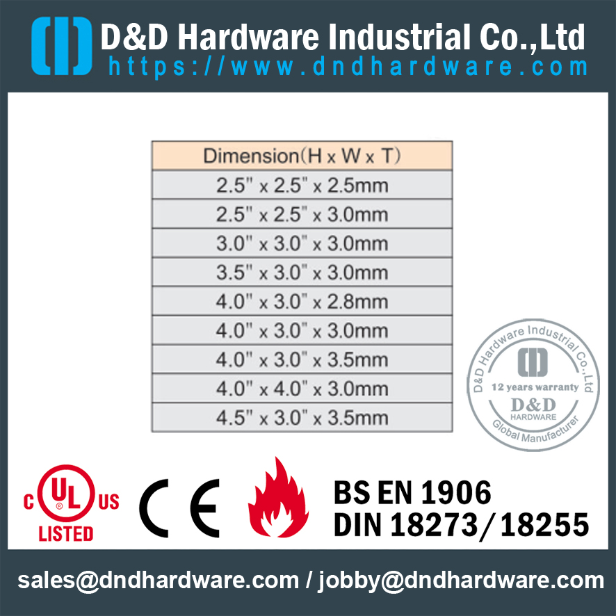 مفصلات كرنك نحاس أصفر DDBH013 مع معيار BHMA للباب التجاري