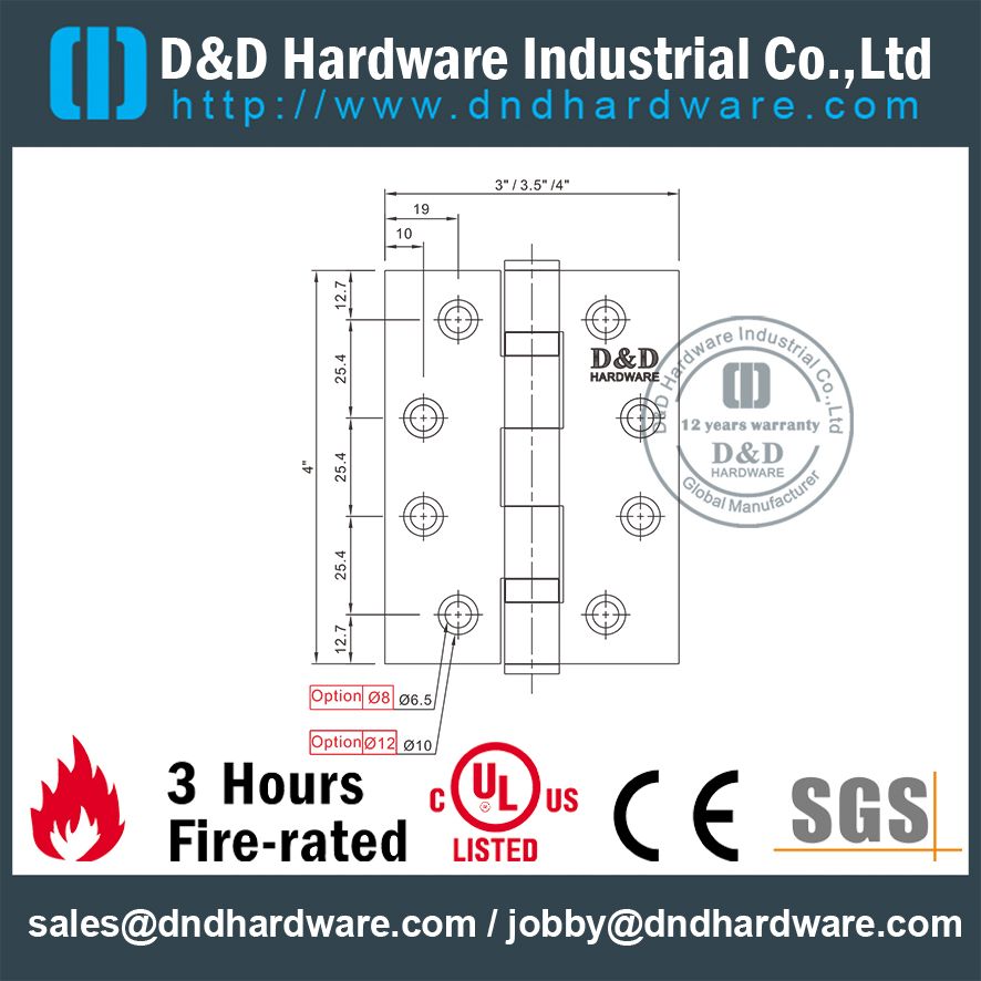 مفصل الباب UL SS304 ذو النتوء الكامل المقاوم للحريق- DDSS003-FR-4x4x3.0mm