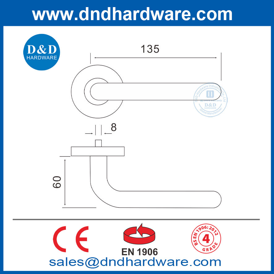 مقابض الأبواب الصناعية EN1906 مقابض الأبواب الداخلية الفولاذ المقاوم للصدأ لفندق DDTH010
