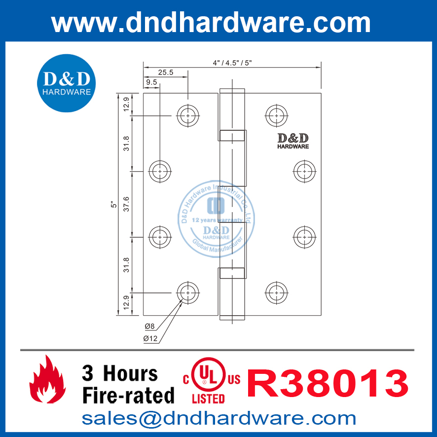 UL R38013 اثنين من الكرة تحمل الباب المفصل الفولاذ المقاوم للصدأ مورد DDSS006-FR-5X4X3.4