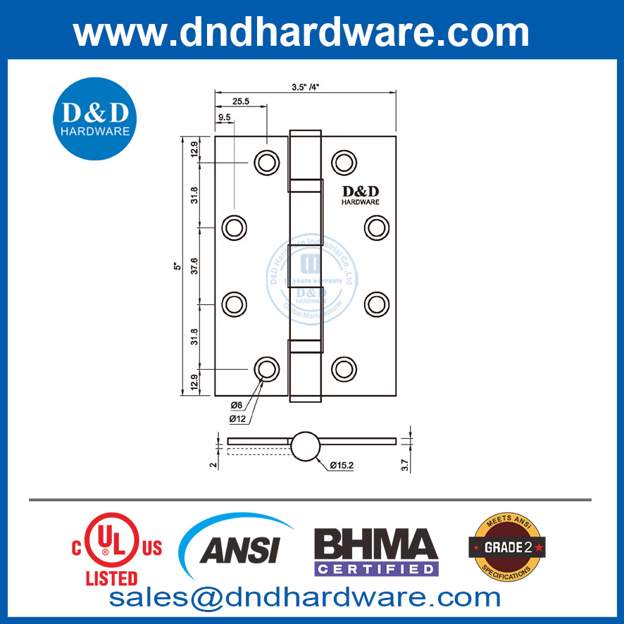 الفولاذ المقاوم للصدأ 5 بوصة ANSI BHMA الصف 2 حريق مقوم ببابة الباب لسوق شرق الأوسط DDSS001-ANSI-2