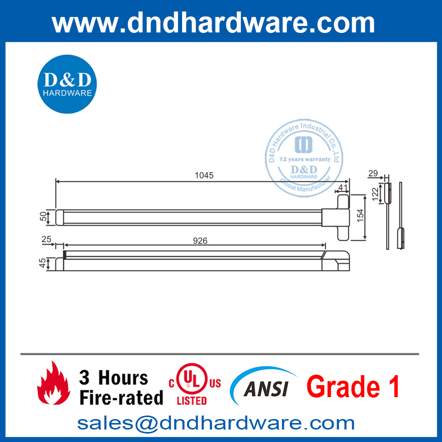 ANSI درجة 1 فولاذي مقاوم للحريق باب أمان شريط عمودي قضيب خروج جهاز- DDPD006