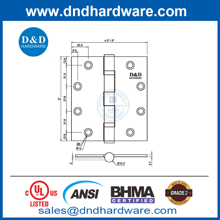 الفولاذ المقاوم للصدأ 5 بوصة ANSI BHMA الصف 2 حريق مقوم ببابة الباب لسوق شرق الأوسط DDSS001-ANSI-2