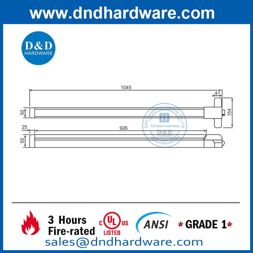 UL ANSI Grade 1 SUS304 Rim Fire Exit Push Bar DDPD005