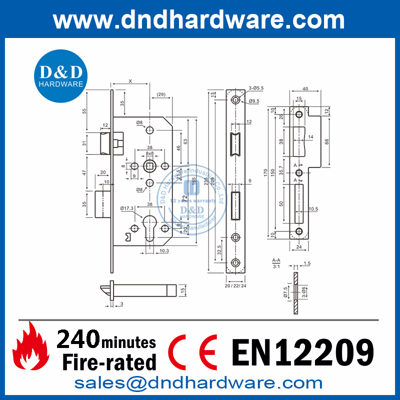 SS304 CE وشاح قفل باب مصنّف للحريق-DDML009.0
