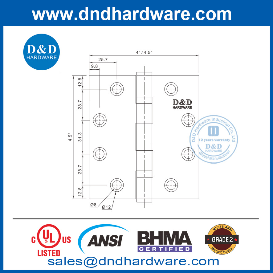 مفصلات الباب الداخلي BHMA الفولاذ المقاوم للصدأ UL مدرج النار مقدرة الباب المفصل DDSS001-ANSI-2