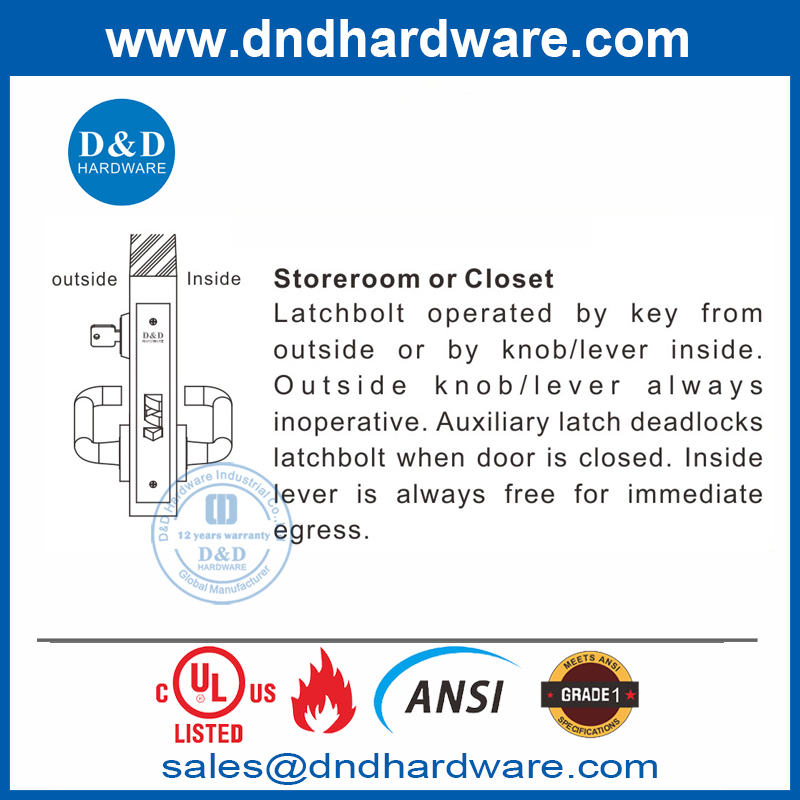 ANSI UL FIRE RISTER SUS304 DOOR LOCK FOR STOREROM-DDAL07 F07