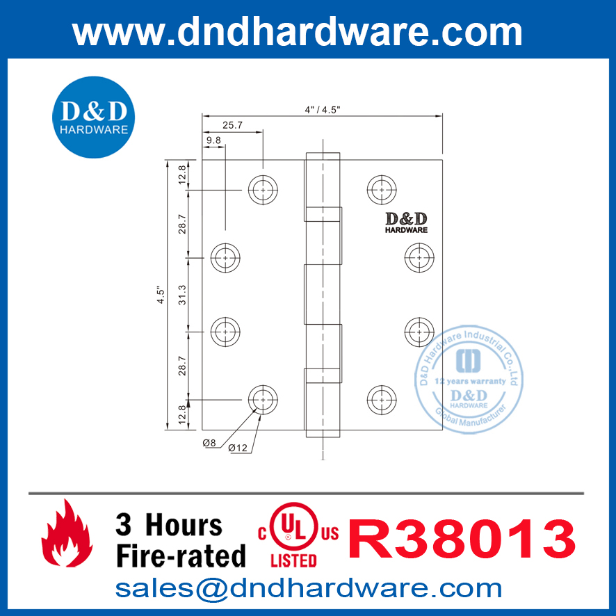 UL Fire 316 مفصلي باب المنزل الفولاذ المقاوم للصدأ للبناء الشقق DDSS002-FR-4.5x4x3.0