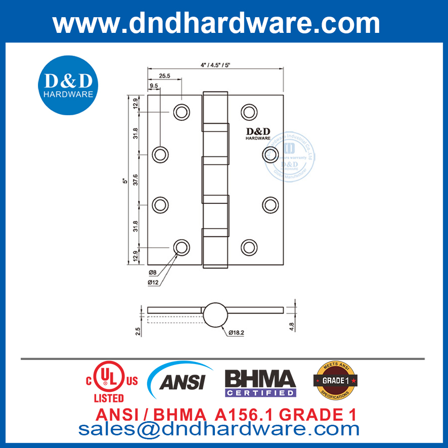 5 بوصة ANSI BHMA الصف الأول من باب النار من أجل شقة الفندق DDSS001-ANSI-1