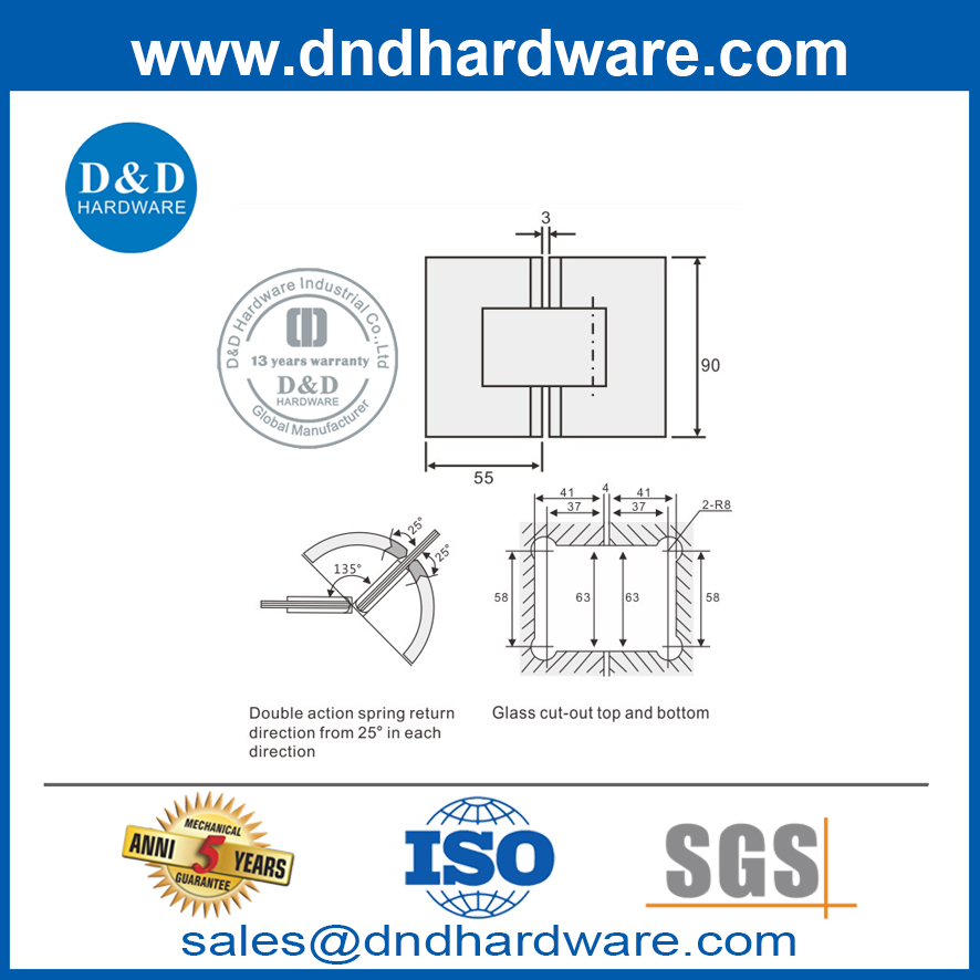 135 درجة من أنواع الفولاذ المقاوم للصدأ لمفصلات الأبواب الزجاجية بدون إطار- DDGH003