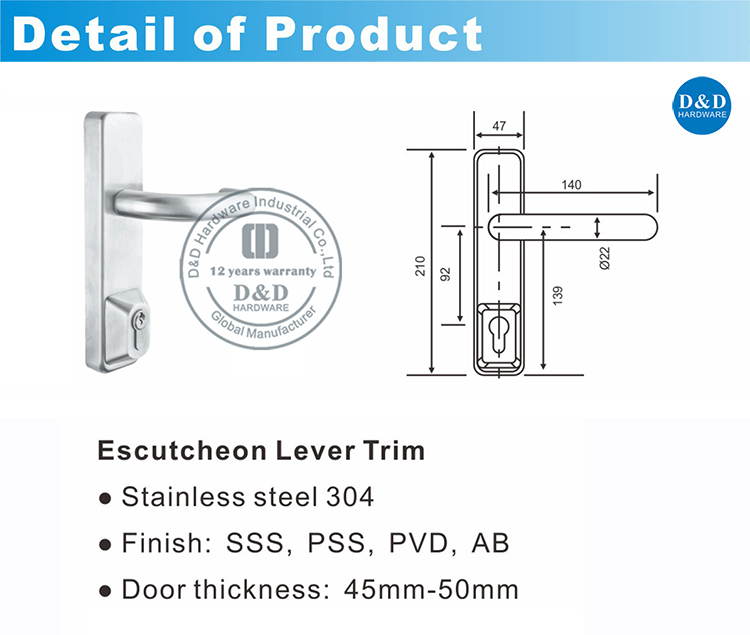 مخرج الباب في حالات الطوارئ Escutcheon Lever Trim-DDPD015-D & D الأجهزة