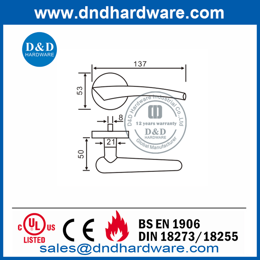 مقبض باب داخلي مزدوج SS304 فضي Soild Lever- DDSH043