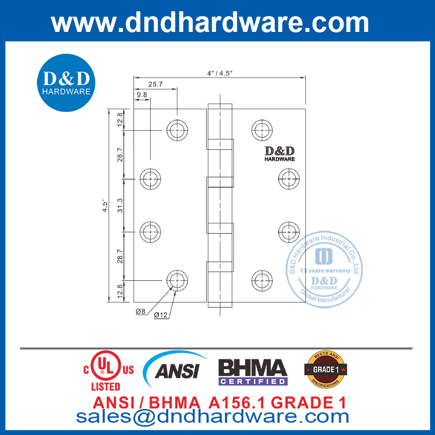 ANSI / BHMA مفصلة مقاومة للحريق SS304 UL 4 BB مفصل - 4.5x4.5x4.6mm-4BB