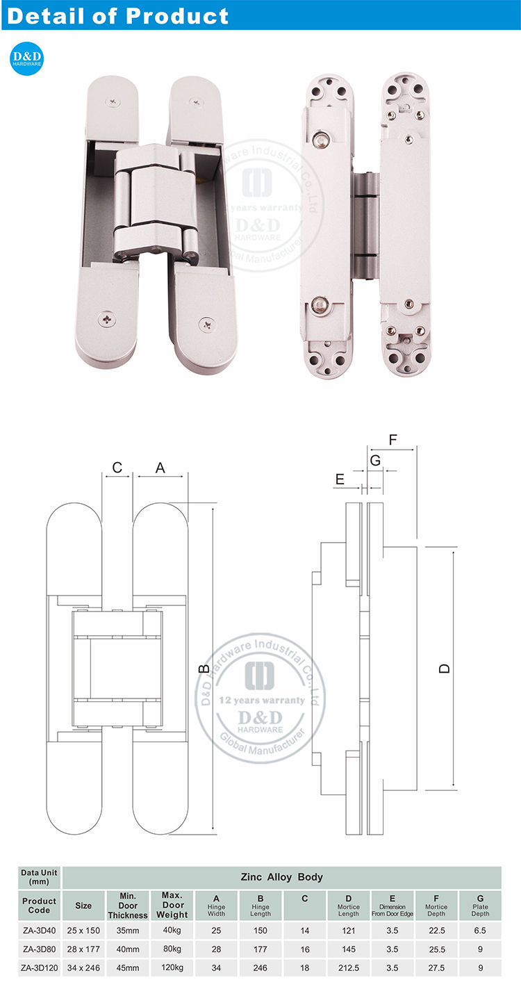 الباب غير المرئي مفصلات DDCH008-G80-D & D الأجهزة