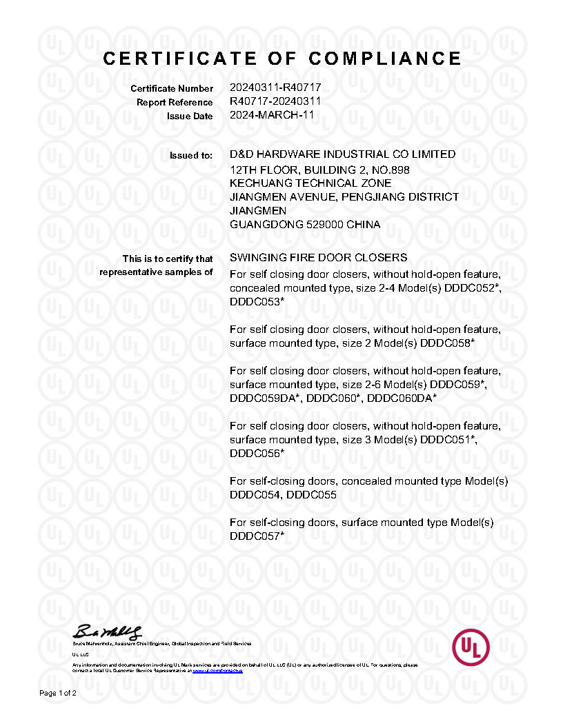 UL Fire Rate Golden Overhead Overhed Operation Selfing Door Metal Door DDDC057