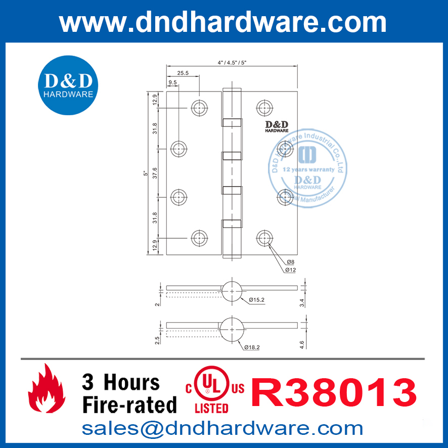 الفولاذ المقاوم للصدأ UL مدرج UL 10C 5 "x4.5 " x3.4mm الباب المعدني مفصل DDSS008-FR-5X4.5x3.4 