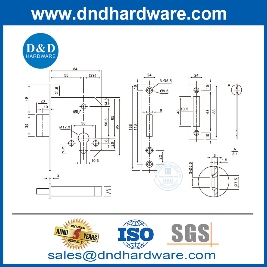 SUS304 باب المرحاض جسم قفل Deadbolt للبناء التجاري DDML029-B